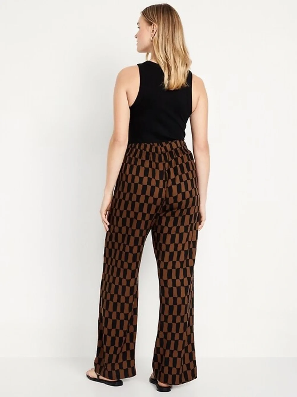Old Navy Playa wide leg high rise elastic waist brown Checker Pants Large - Picture 2 of 9